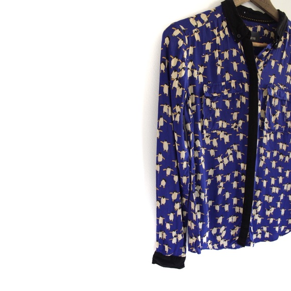 Anthropologie Maeve Penguin Retro Print Collar Button Top XS 0 - Picture 5 of 12